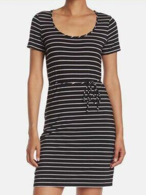 Calvin Klein Black and White Striped Scoop Neck T Shirt Dress w/ Tie Belt Size 4